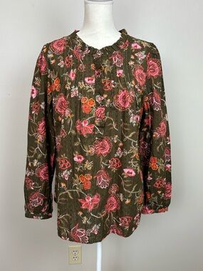 Talbots Top Women Lg Brown Metallic Stripe Pintuck Top - Graceful Floral Popover